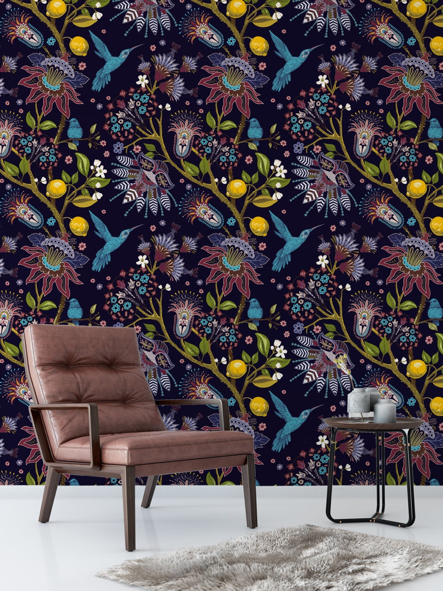 Blue birds and flowers background Wallpaper