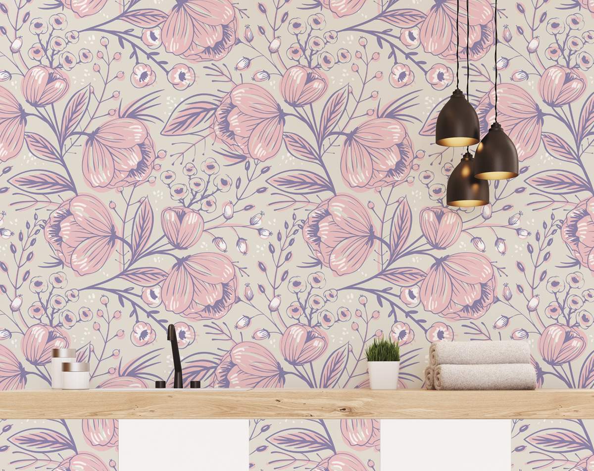 Hand Drawn Roses and Berries Wallpaper Roll