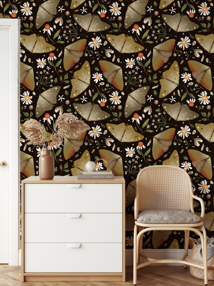 Butterfly and wild chamomile flower wallpaper