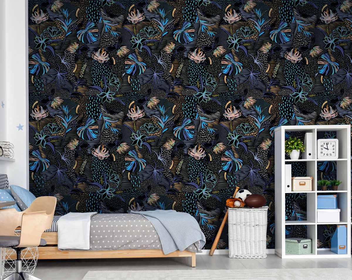 Abstract Botanical Tropical Palm Forest Wall Design Hand Drawn Flower Wallpaper