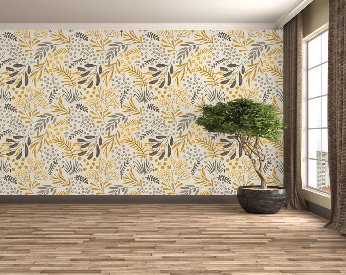 Botanical Artistic Yellow and Grey Floral Wallpaper Roll