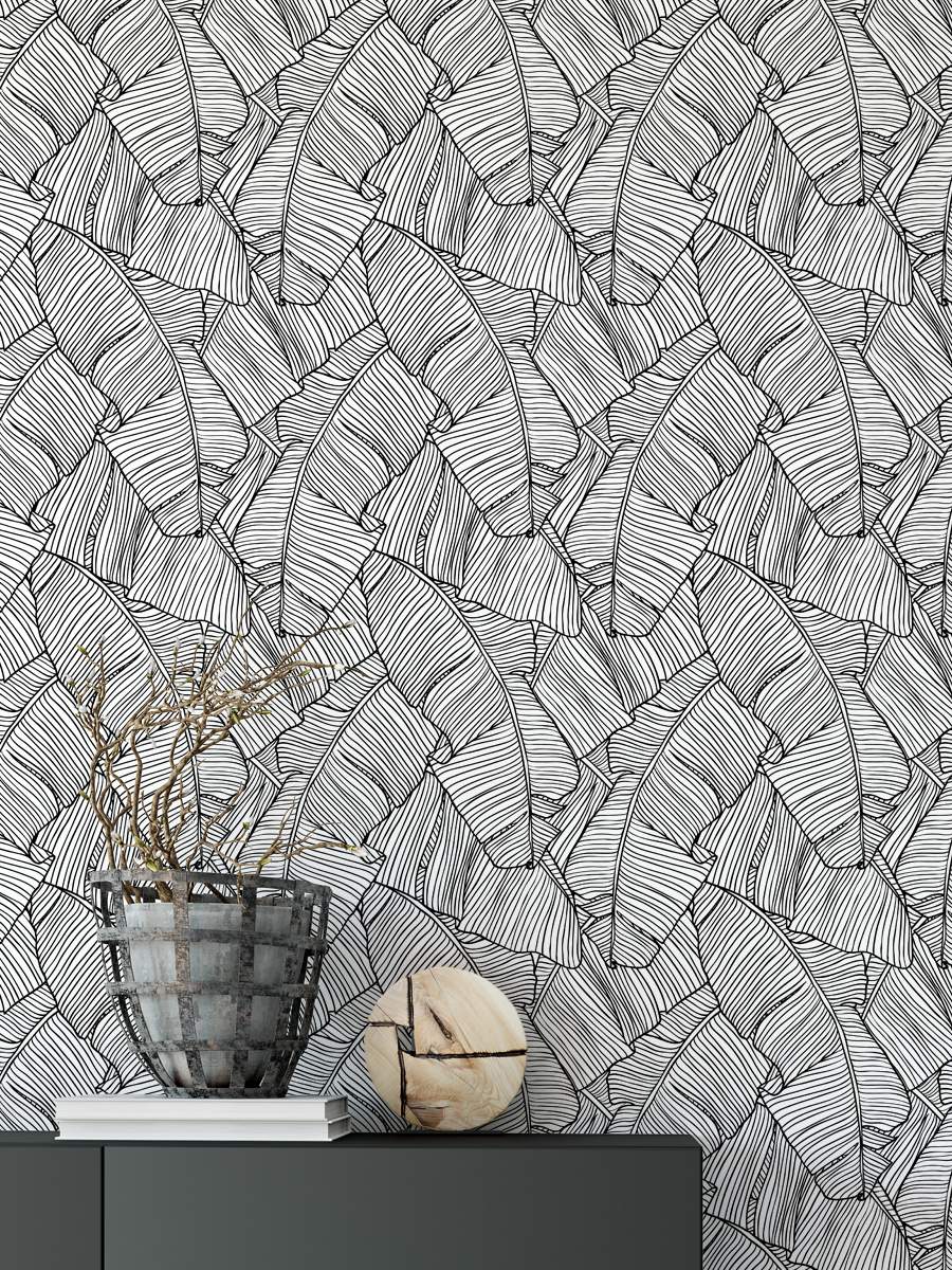 Stylish Trendy Monochrome Banana Leaf Wallpaper Rolls