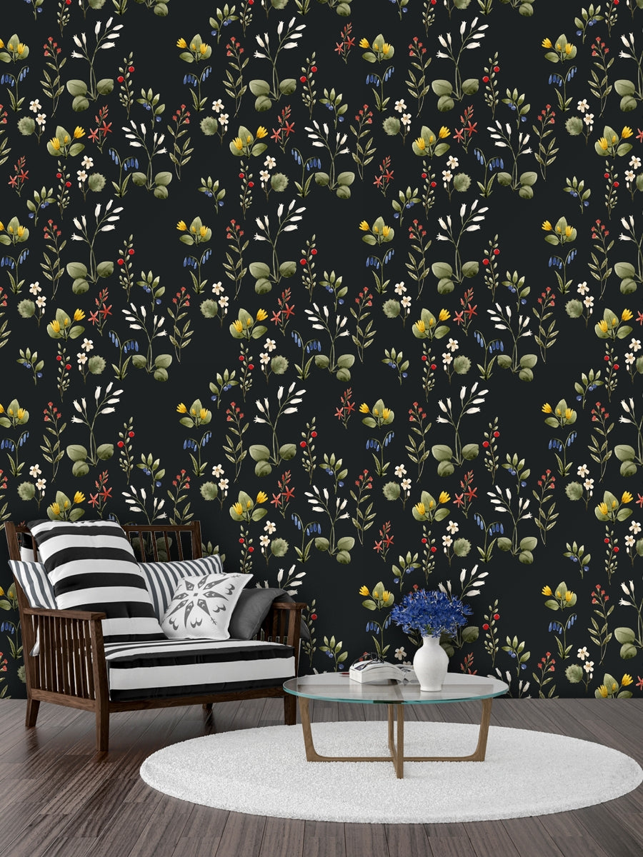 Dark Botanical Wildflowers and Berries Retro Wallpaper