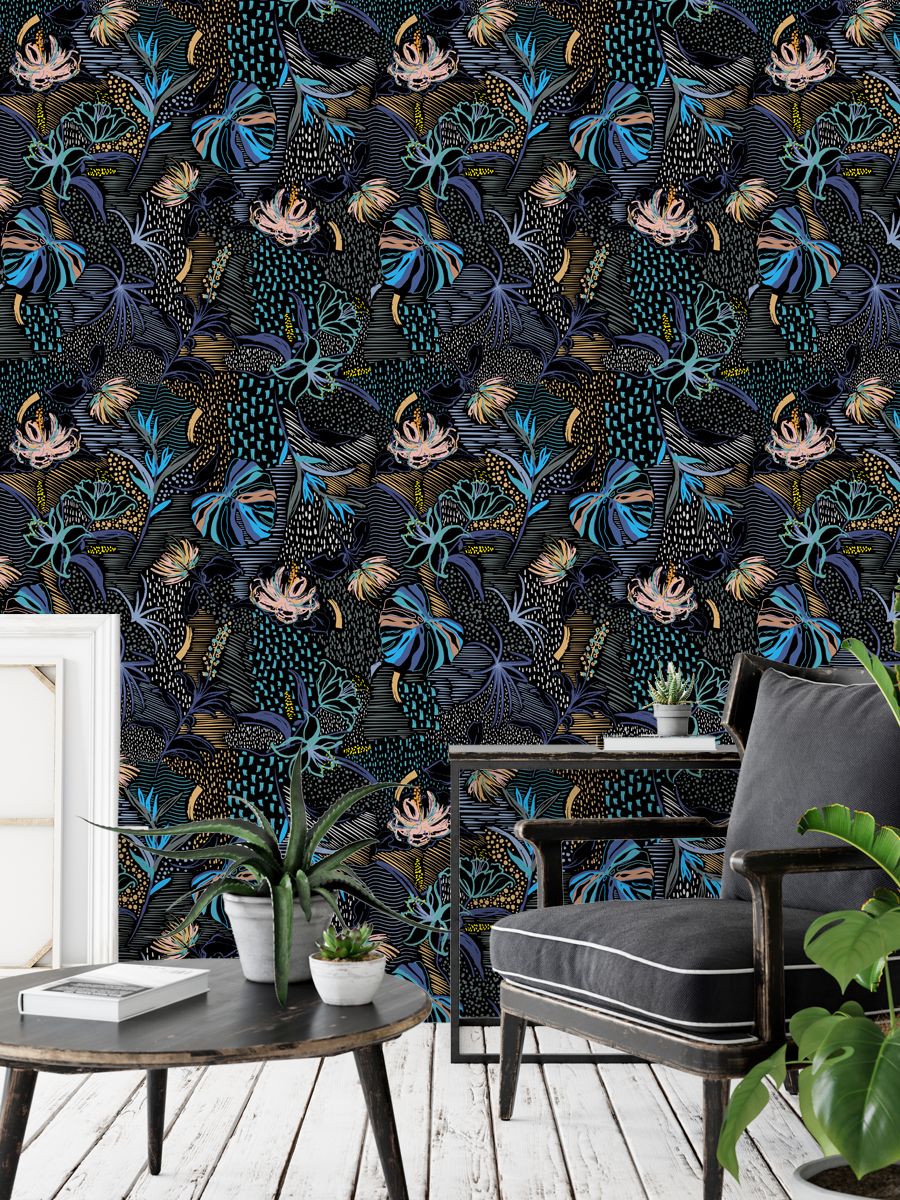Abstract Botanical Tropical Palm Forest Wall Design Hand Drawn Flower Wallpaper