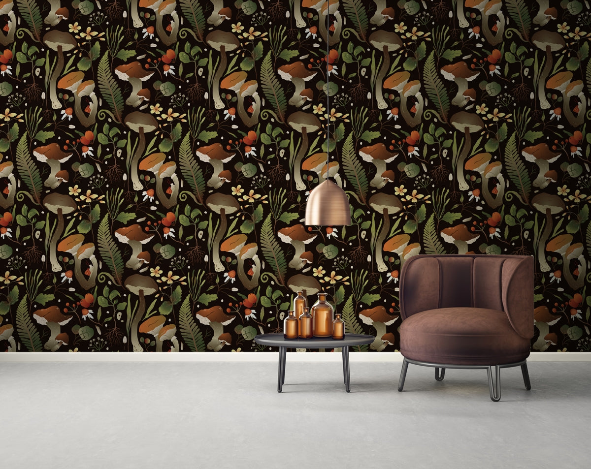 Vintage Mushrooms Forest Wallpaper