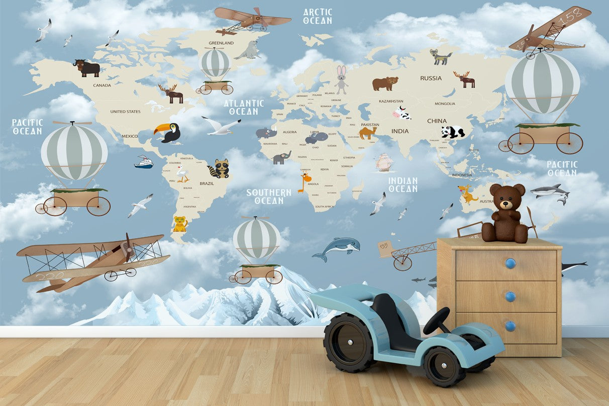 Kids world map with aircraft fish and animals - view 5