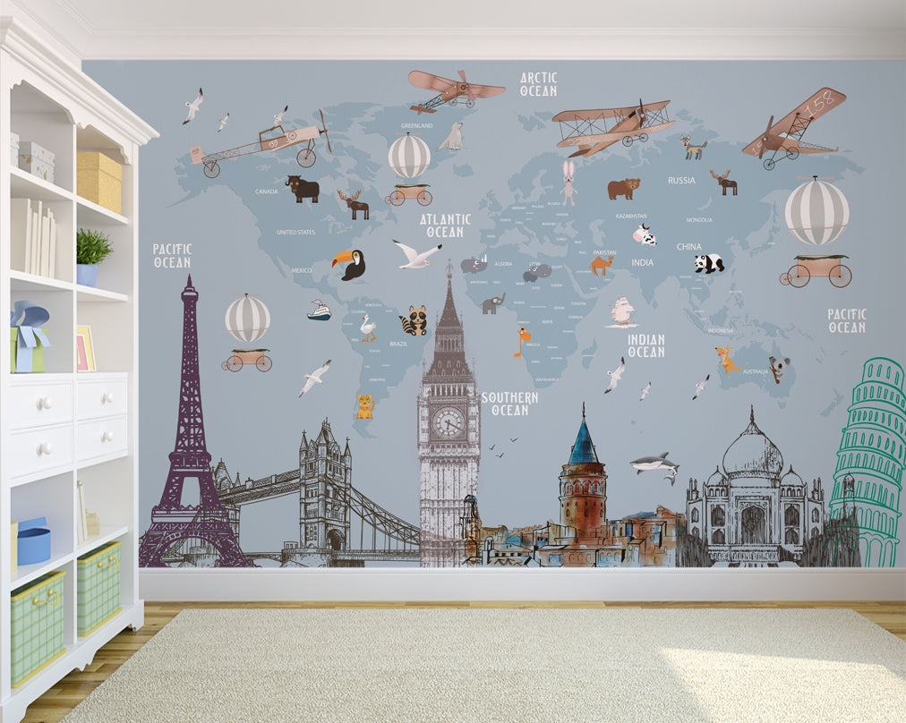 Kids Room - World Map with Famous Landmarks Wallpaper