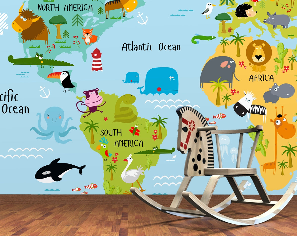 Children world map bright colours wallpaper - view 4
