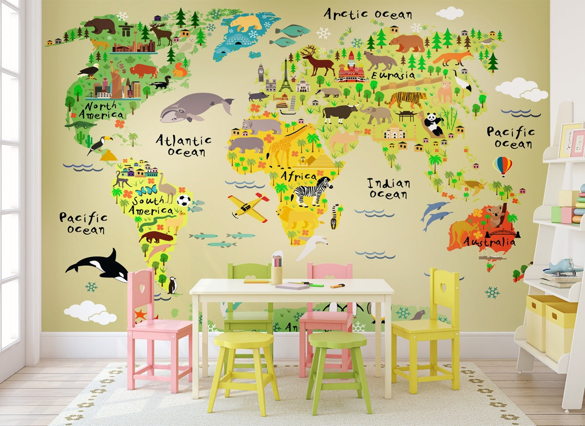 Madagascar America Africa and Eurasia Cartoon World Map Wallpaper