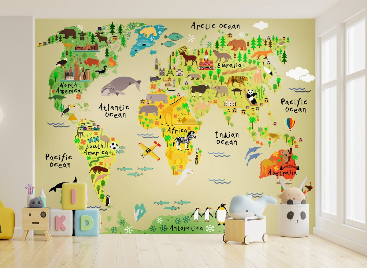 Madagascar America Africa and Eurasia Cartoon World Map Wallpaper