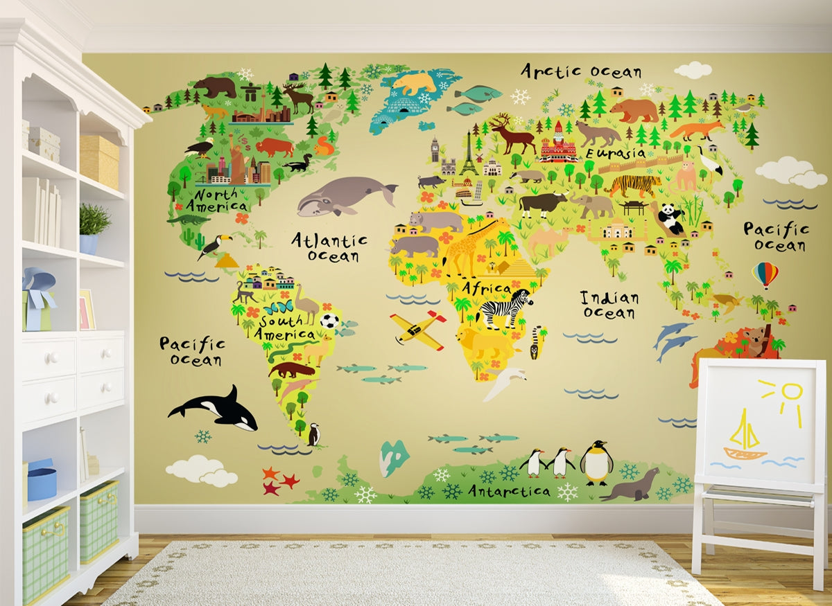 Madagascar America Africa and Eurasia Cartoon World Map Wallpaper