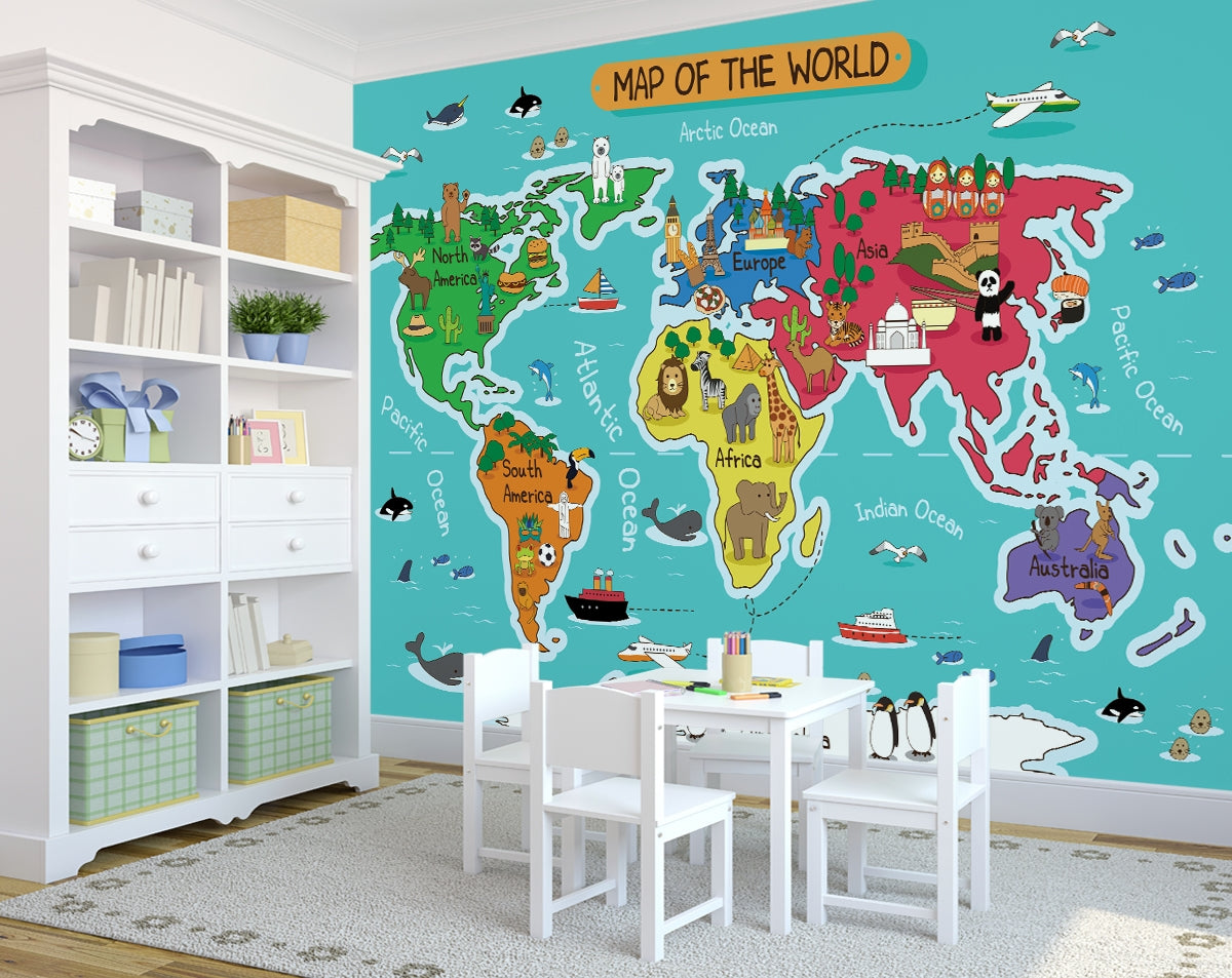 Ocean Ships Fishes Airplane Dolphins Penguins Home World Map Wallpaper