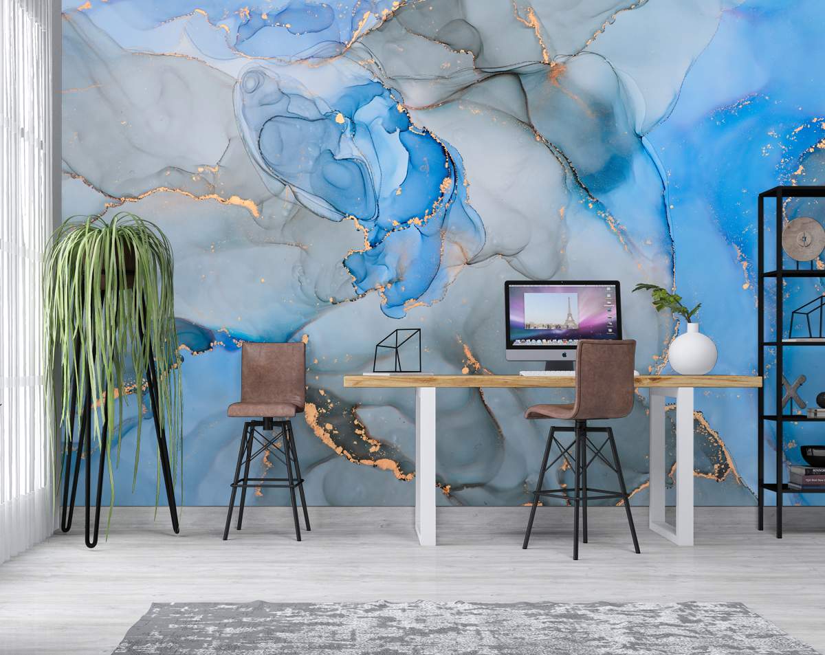 Blue and Grey Gold Marble Abstract Wallpaper