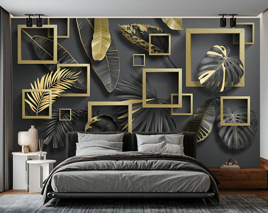3D Black Leaf And Golden Square Wallpaper