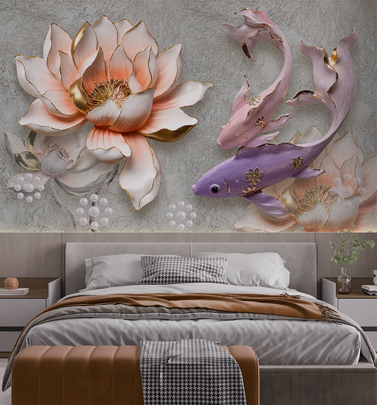 Bedroom - 3D Mural Relief Lotus Fish Retro Bedroom Wallpaper