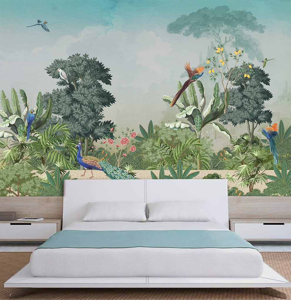 Tropical Jungle With Peacock And Birds Wallpaper