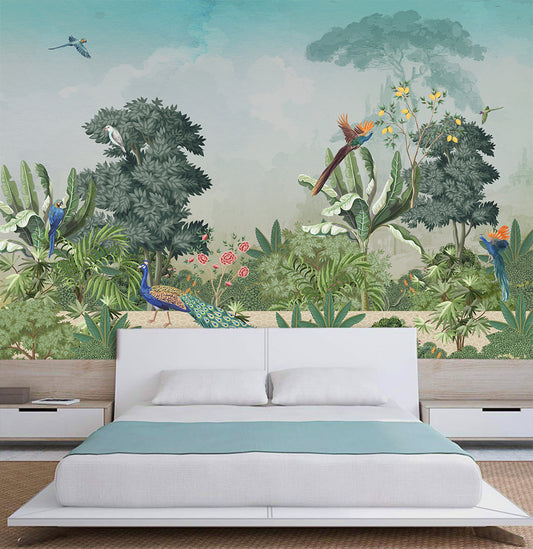 Tropical Jungle With Peacock And Birds Wallpaper