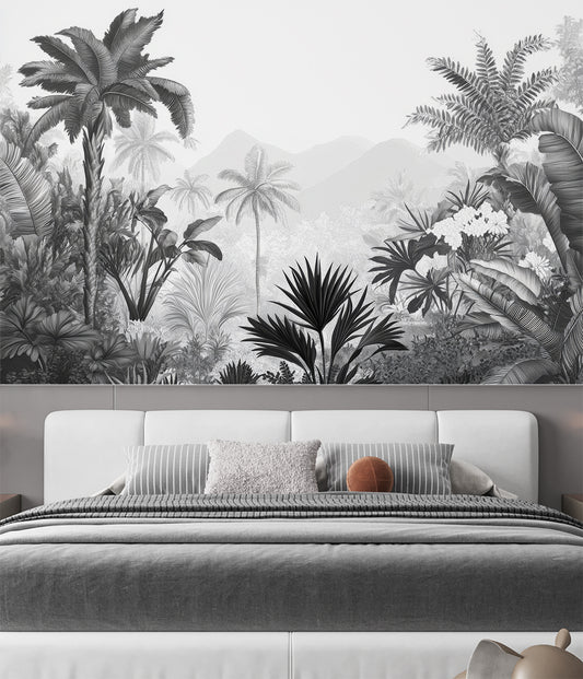 Bedroom - Tropical Palm Trees Black And White Wallpaper