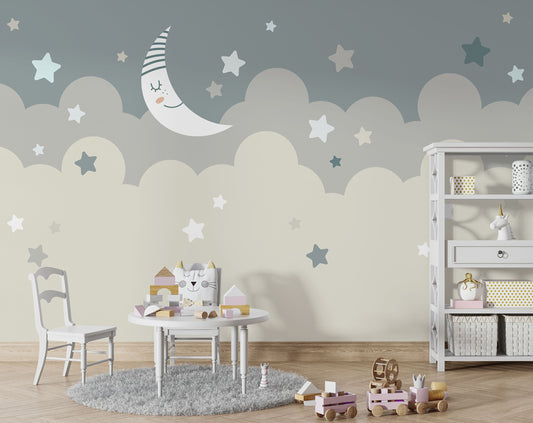 Sleepy Moon and Stars Theme Kids Wallpaper