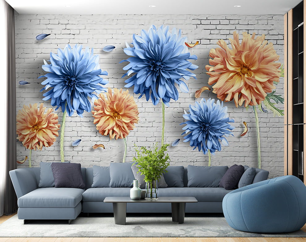 Blue And Orange 3D Daisy Flowers Wallpaper