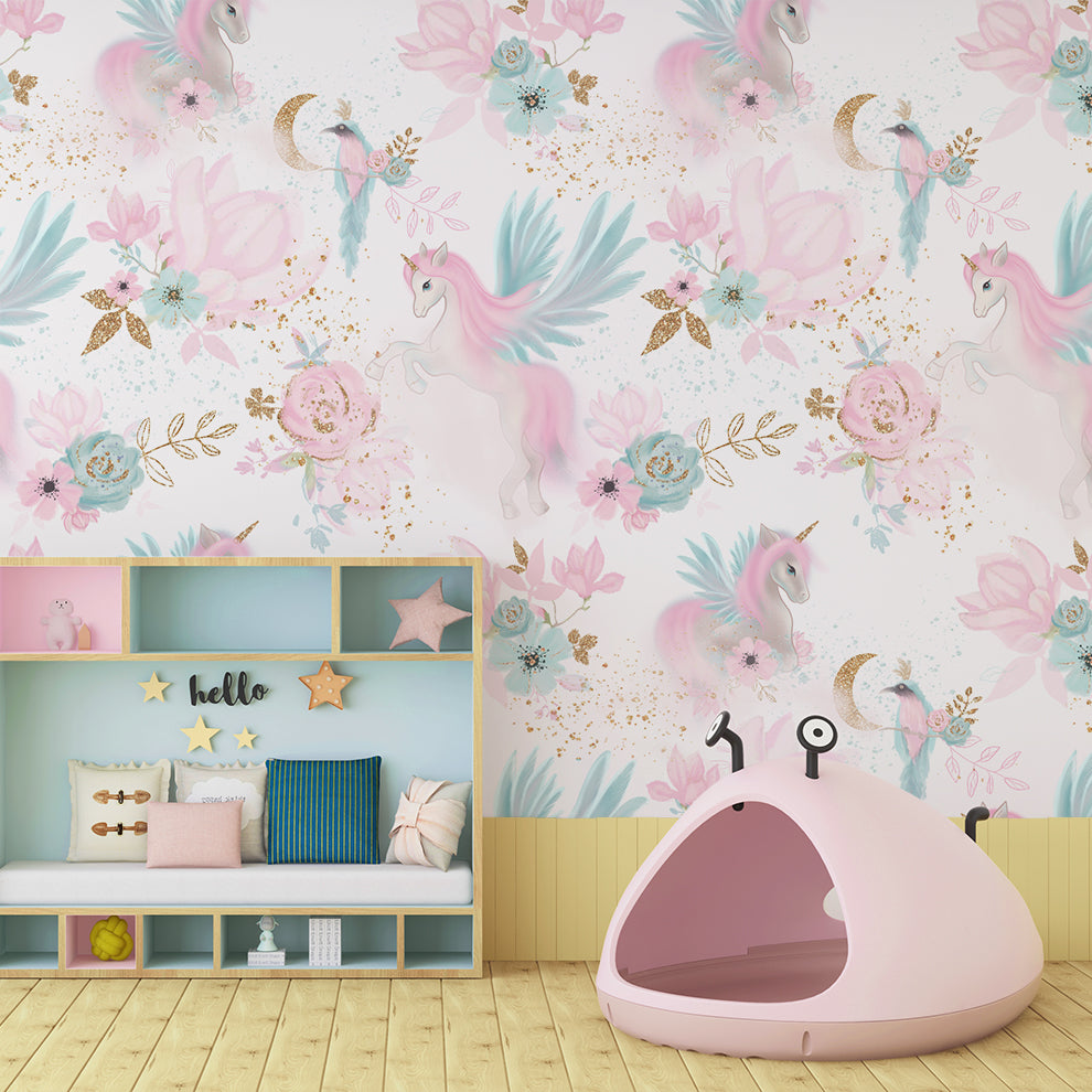 Children's room with unicorn and floral wallpaper, pink pet bed, and shelves.