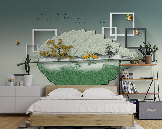 3D Beautiful Leaf Deer Trees Birds Frames Wallpaper