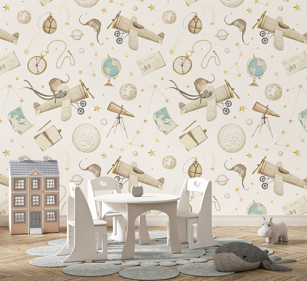 Children's playroom with a wallpaper featuring vintage toys and space-themed elements.