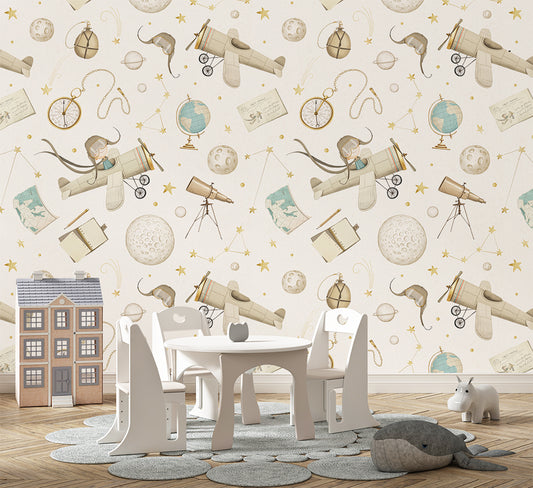 Children's playroom with a wallpaper featuring vintage toys and space-themed elements.