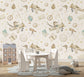 Children's playroom with a wallpaper featuring vintage toys and space-themed elements.