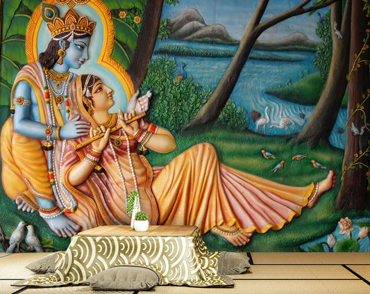 Pooja Room - Radha Krishna Hand Draw Painting Mural Wallpaper