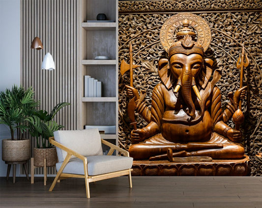 3D gods Mural wallpape, Ganesha Wood Design Wallpaper