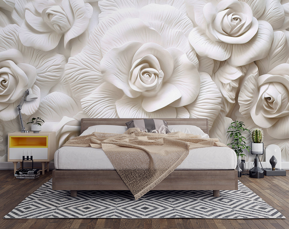 3D White Rose Flowers Wallpaper