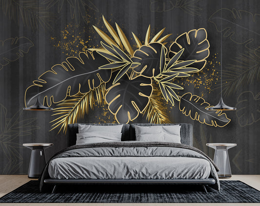 Bedroom - Golden Line Banana Leaf Wallpaper