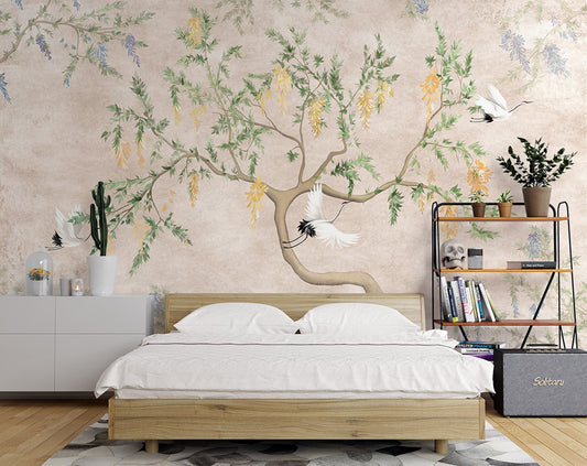 3D Customized Vintage Chinoiserie Crane Wallpaper | Custom bedroom wallpaper