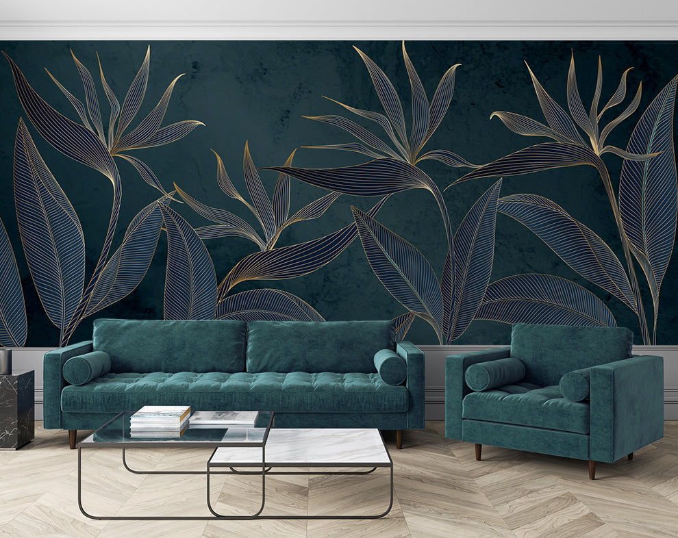 Golden Line Art Style Tropical Leaves Wallpaper
