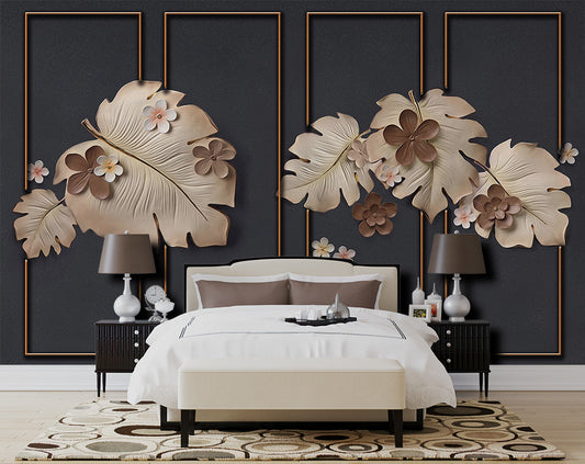 Modern 3D Flowers & Leaf Embossed Background Wallpaper