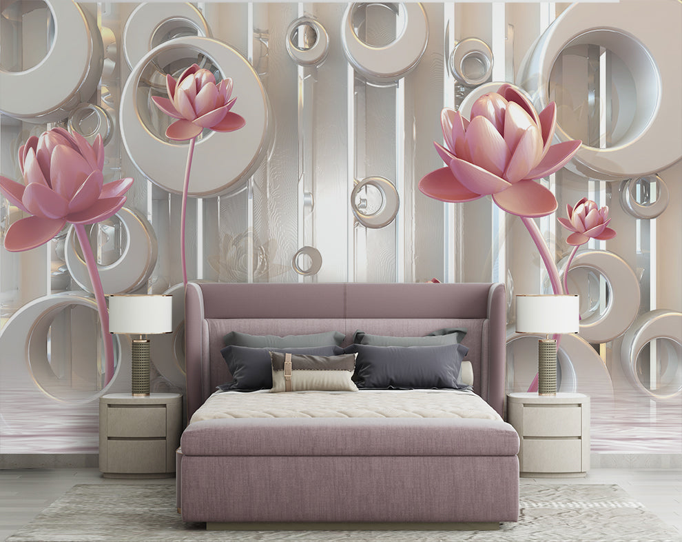 Embossed Pink Lotus Beautiful Flowers Wallpaper