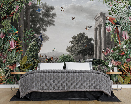 Peacock And Birds Landscape Vintage Wallpaper