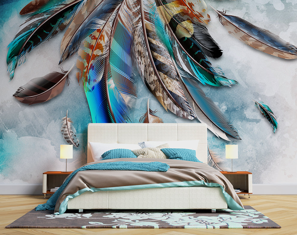 3D Colorful Feather Wallpaper For Bedroom