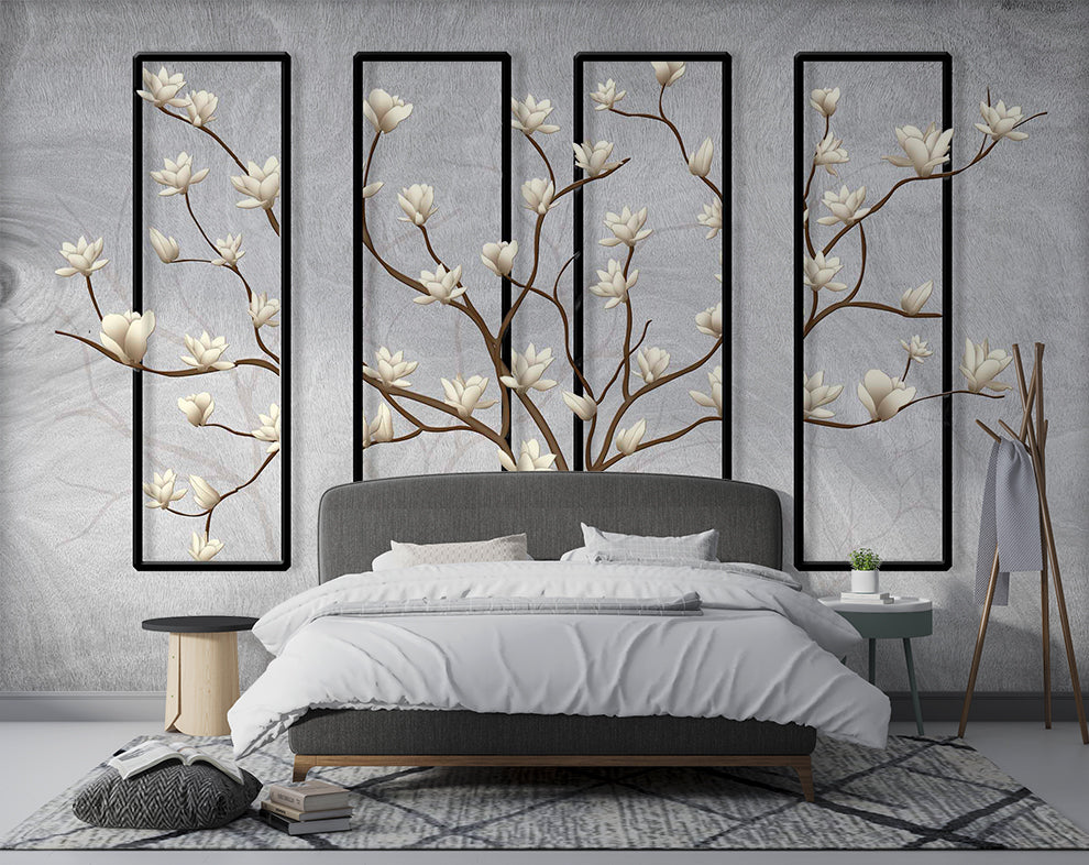 3D Floral & Square Frame Botanical Grey Wallpaper