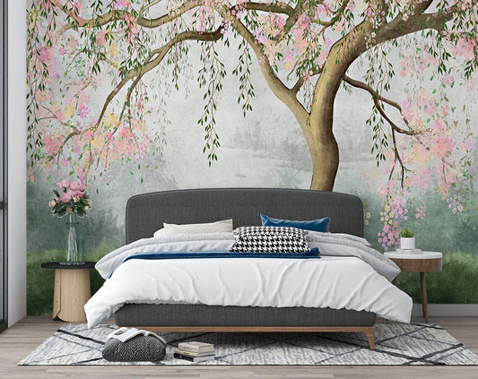Watercolour Tree and Pink Flowers Wallpaper | Bedroom wallpaper