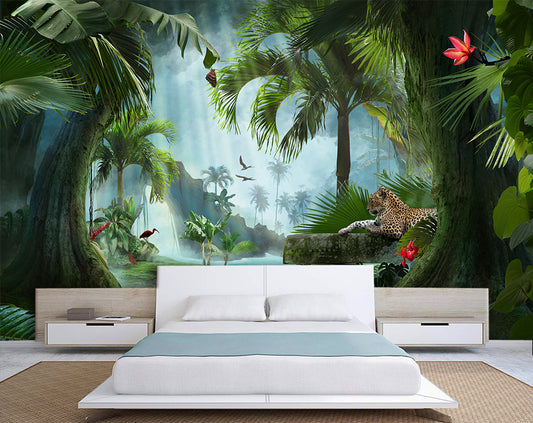 Beautiful Jungle Beach Lagoon View With Cheetah Wallpaper