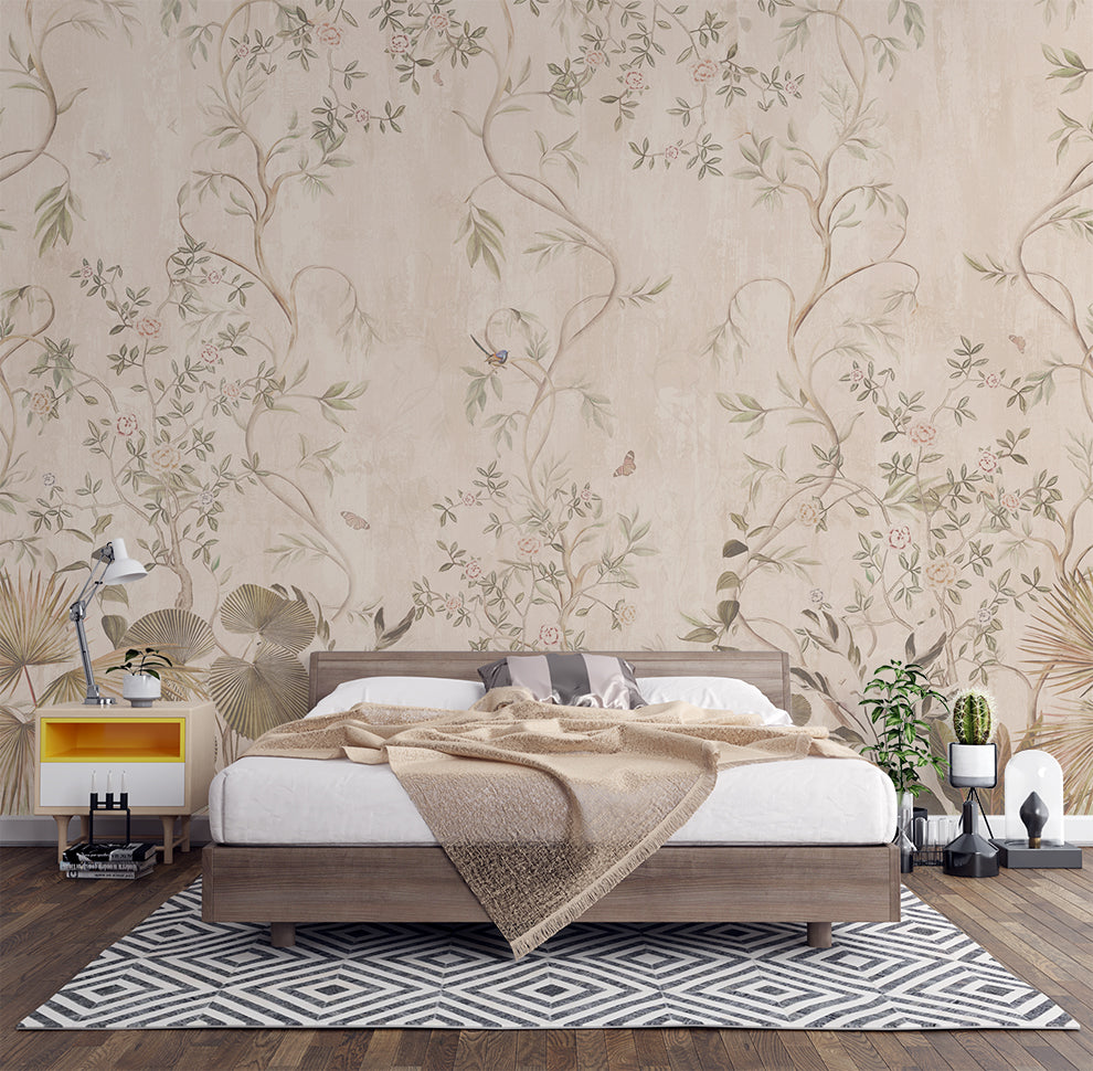 Bedroom with floral wallpaper, bed, nightstands, and decorative items.