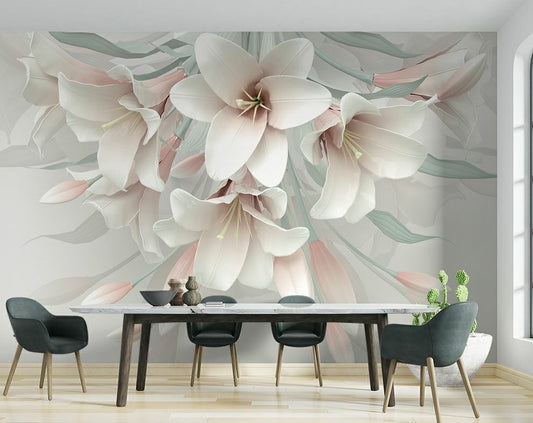 Living Room - 3D Pink And White Flowers Wallpaper For Living Room