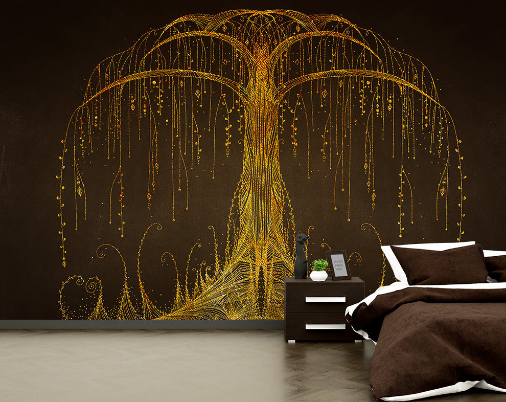 Abstract Golden Tree Mural Wallpaper