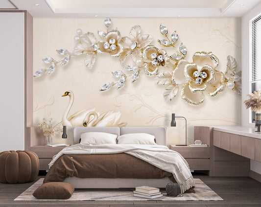 European Style 3D Diamond Flower Jewelry Floral Flowers Wallpaper