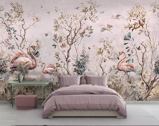 Bedroom - Flamingo Chinoiserie – Tropical Wall Mural Wallpaper, Custom Size