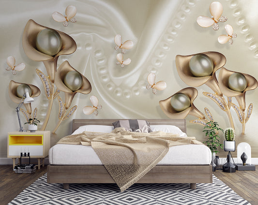 Pearl Flower And Butterfly Silk Wallpaper