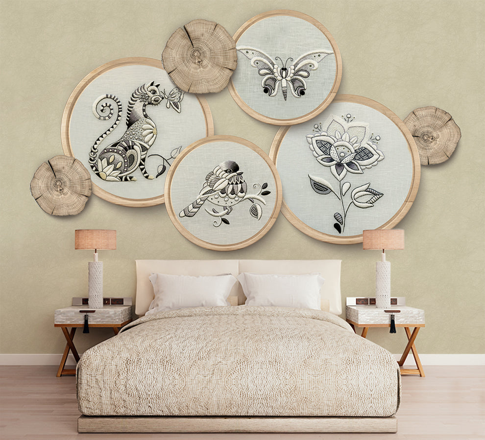3D Creative Wood Circle,Flower,Birds And Animal  Wallpaper