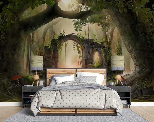 3D Effect Forest Tree Wallpaper For Living Room | Magical jungle wallpaper mural